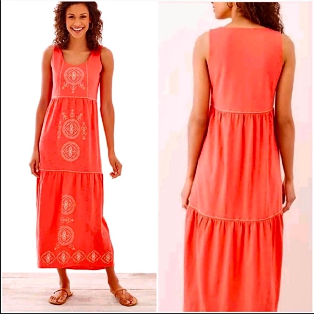 J. Jill Red Coral Scoop Neck Tiered Embroidered Maxi Dress Size S